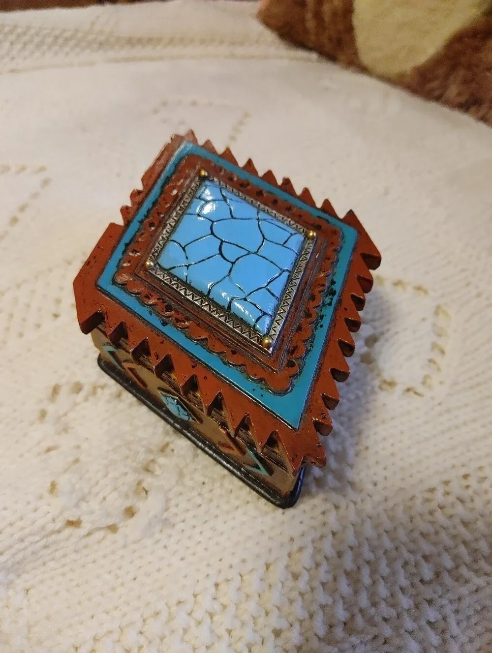 Handcrafted Turquoise and Brown Native American Decorative Trinket Box